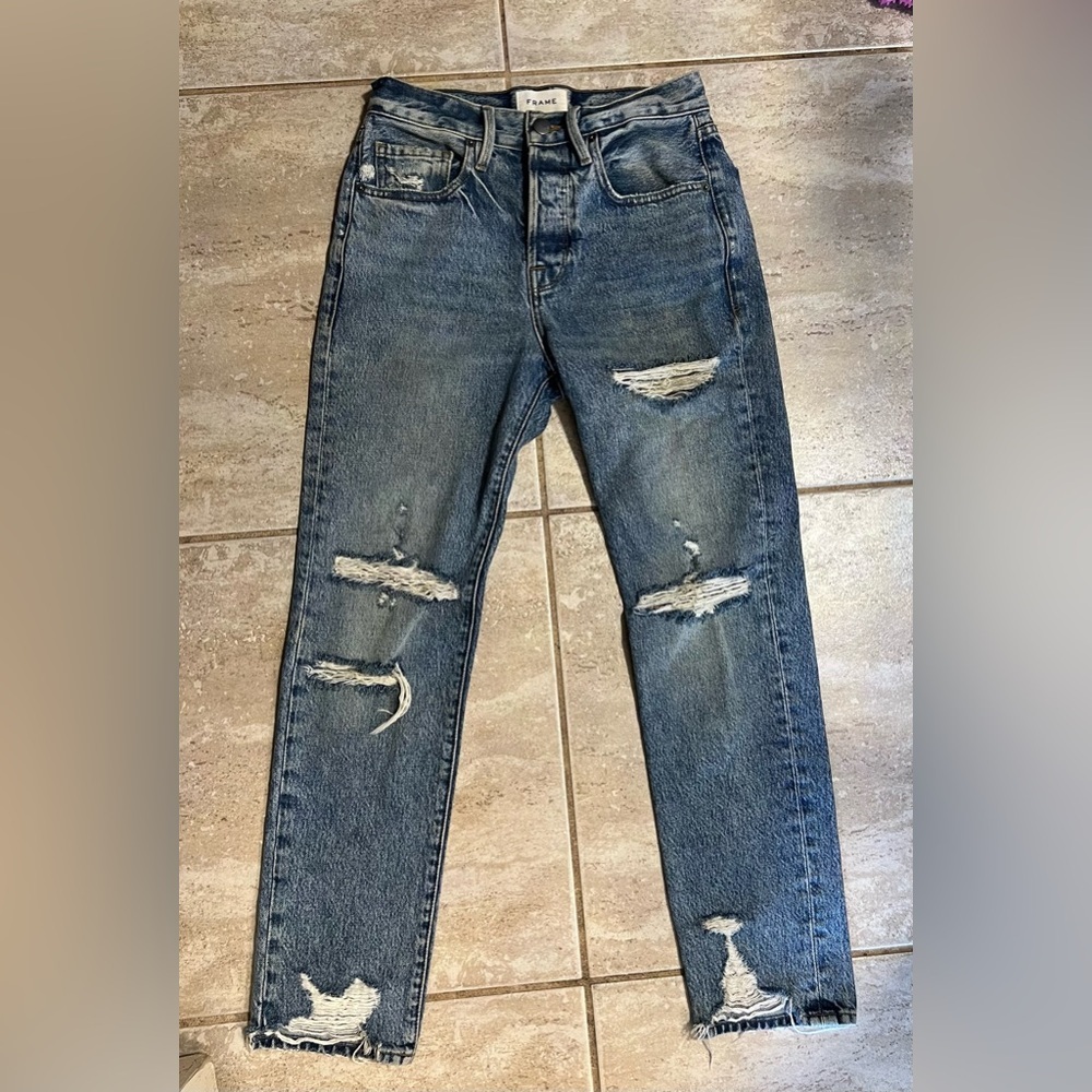 FRAME Le Original Distressed Straight Leg Jeans in Cascade Blue Rips-SZ 24 - Picture 12 of 15